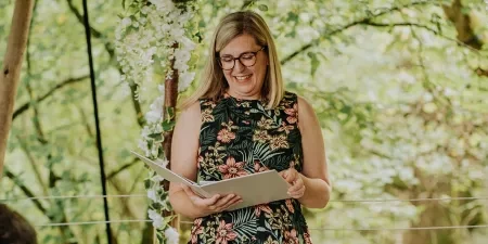 Photo of Sam White Celebrant delivering a woodland ceremony at Noah's Pond in Somerset.
